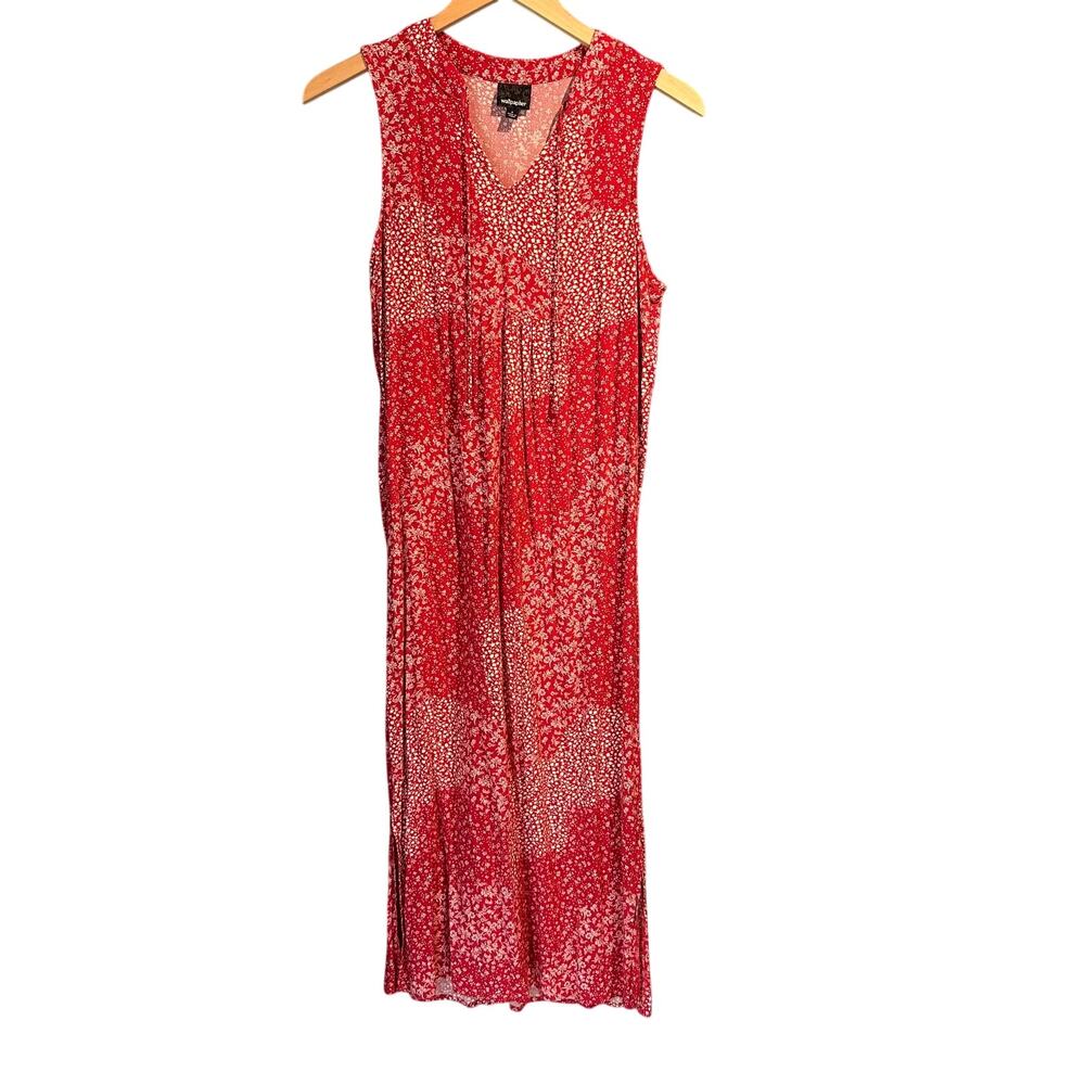 Red with White Flowers Size Small Wallpapher Midi Dress Side Slit Boho Cottage